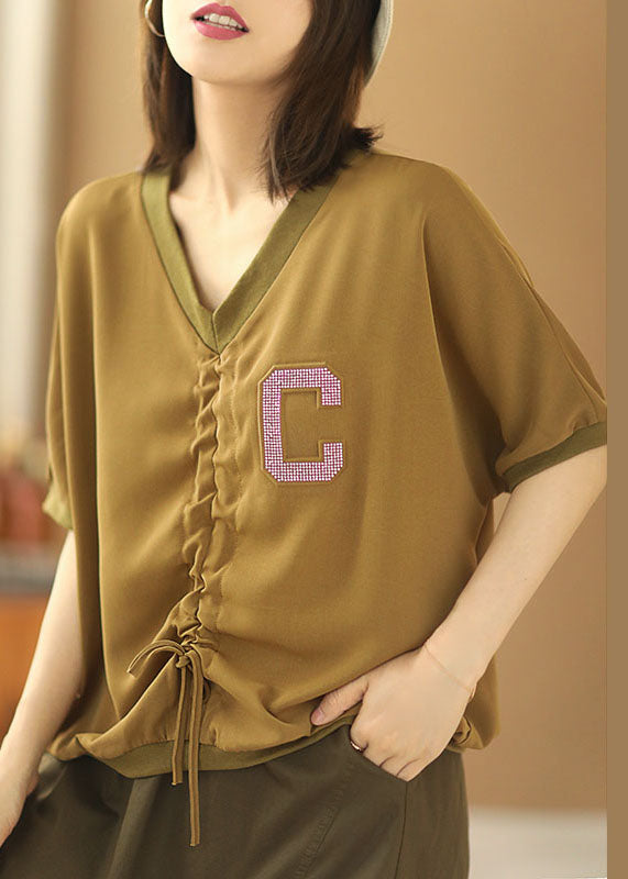 Khaki V Neck Drawstring Letter Blouse Tops Short Sleeve