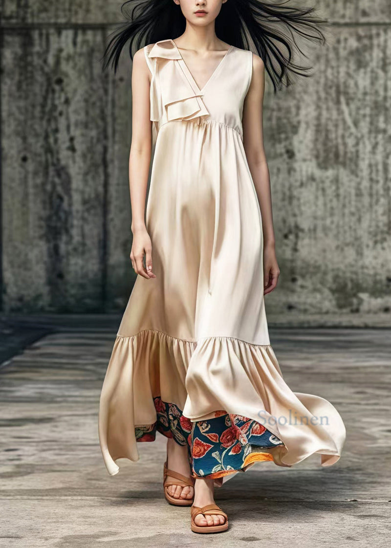 Khaki V Neck Patchwork Draping Silk Long Dress Summer
