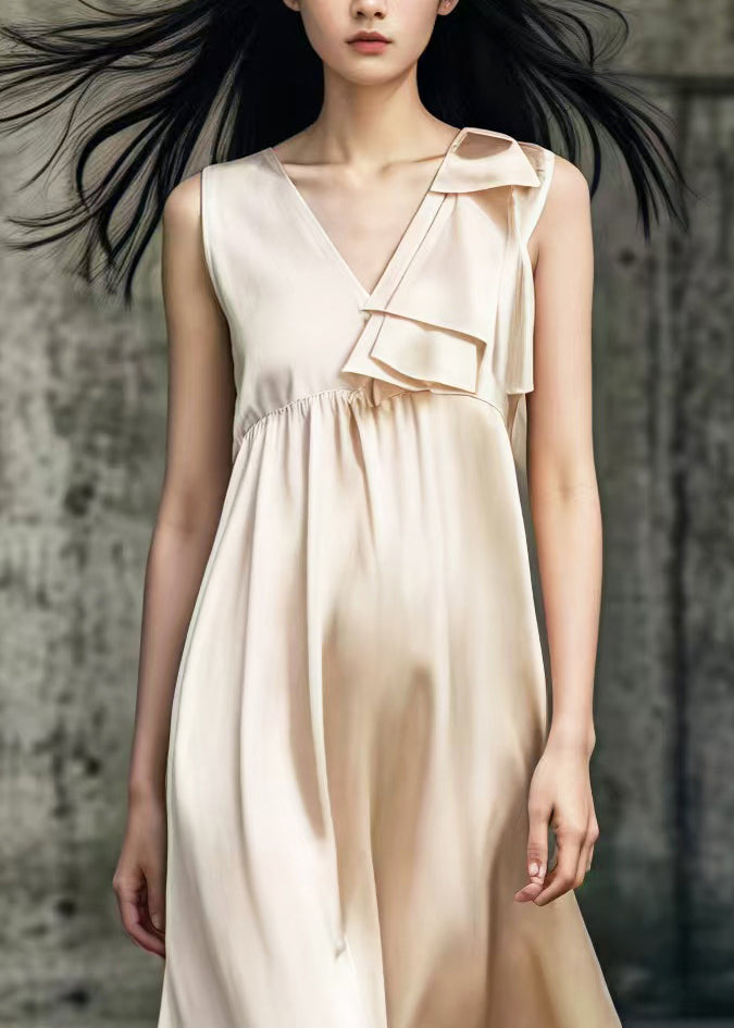 Khaki V Neck Patchwork Draping Silk Long Dress Summer