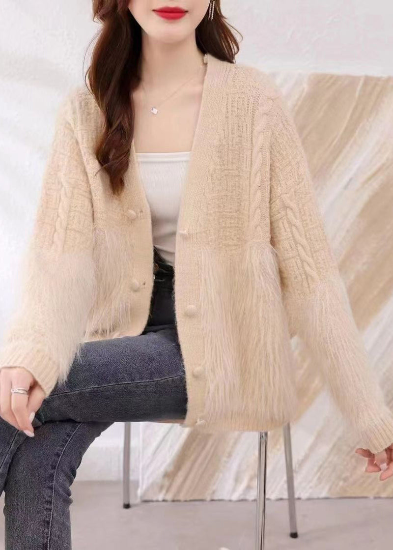 Khaki V Neck Patchwork Mink Hair Knitted Cardigan Fall