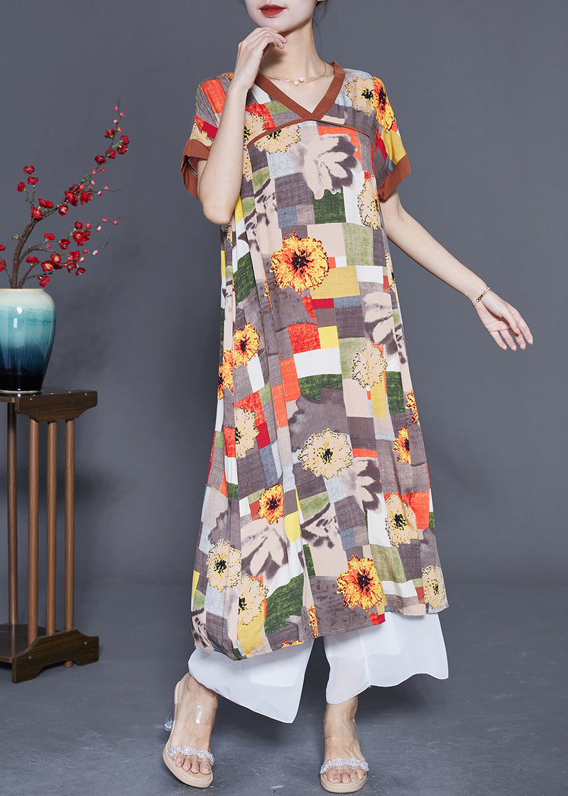 Khaki V Neck Patchwork Print Cotton Long Dress Summer