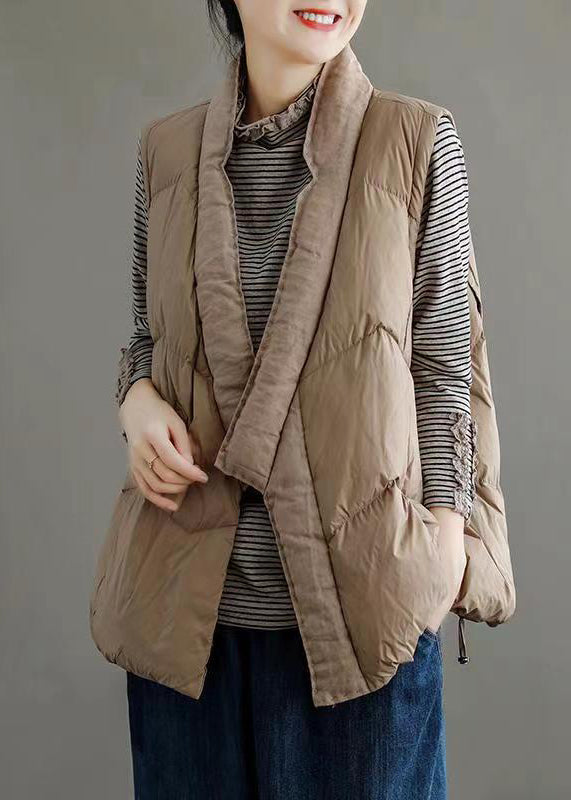 Khaki V Neck Pockets Drawstring Duck Down Waistcoat Sleeveless