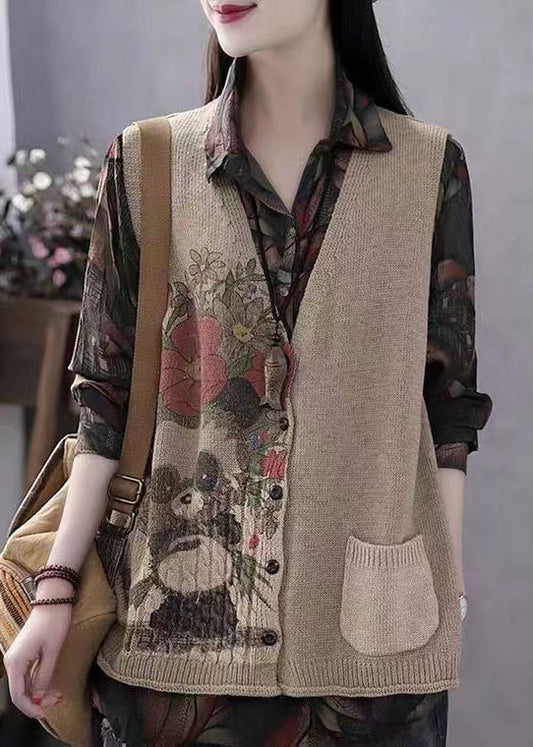 Khaki V Neck Print Button Cotton Knit Waistcoat Sleeveless