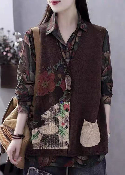Khaki V Neck Print Button Cotton Knit Waistcoat Sleeveless
