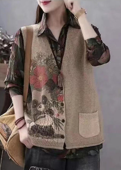 Khaki V Neck Print Button Cotton Knit Waistcoat Sleeveless