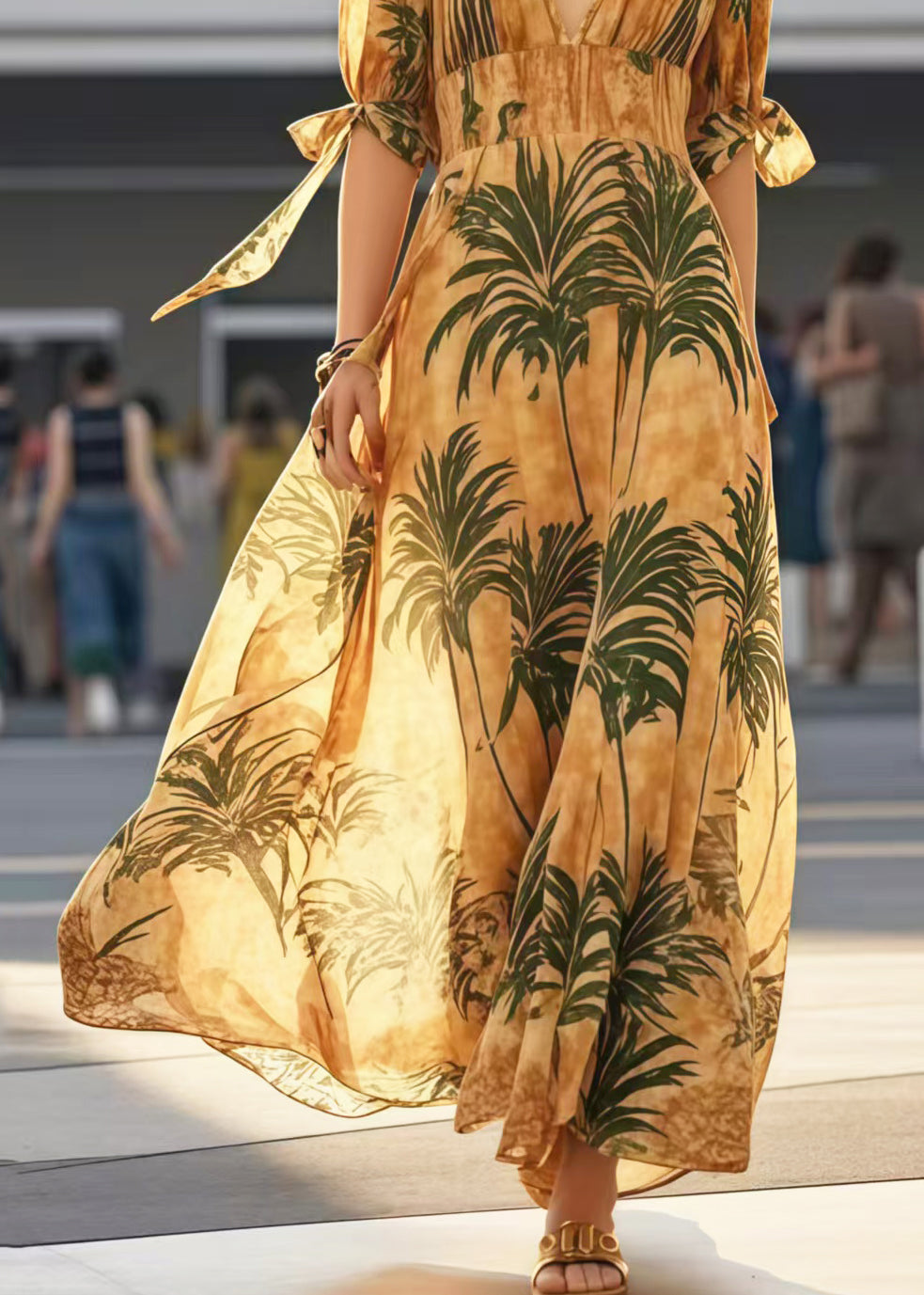 Khaki V Neck Print Cotton Holiday Dresses Summer
