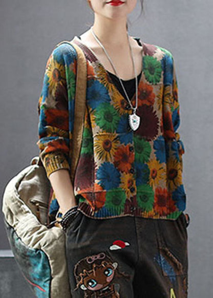 Khaki V Neck Print Knit Cardigan Spring