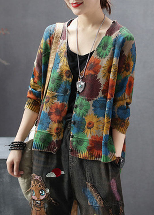 Khaki V Neck Print Knit Cardigan Spring