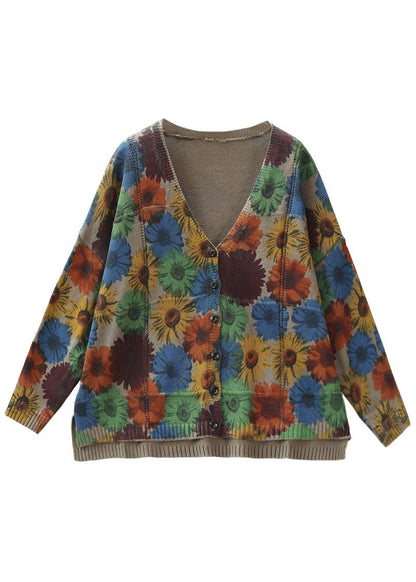 Khaki V Neck Print Knit Cardigan Spring