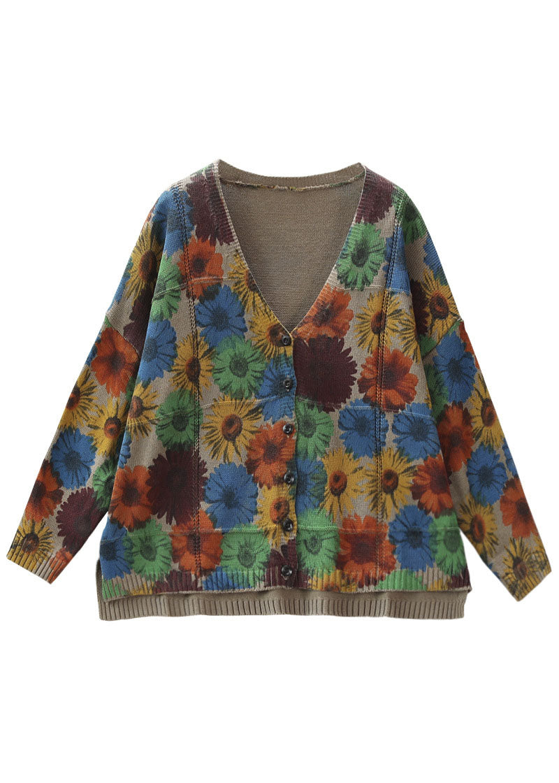 Khaki V Neck Print Knit Cardigan Spring