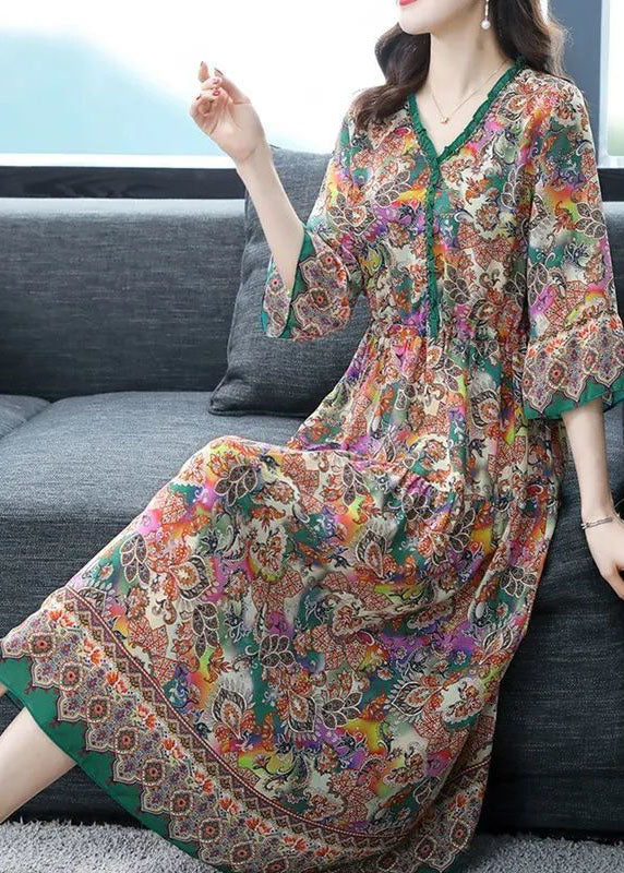 Khaki V Neck Ruffled Print Silk Robe Dresses Half Sleeve