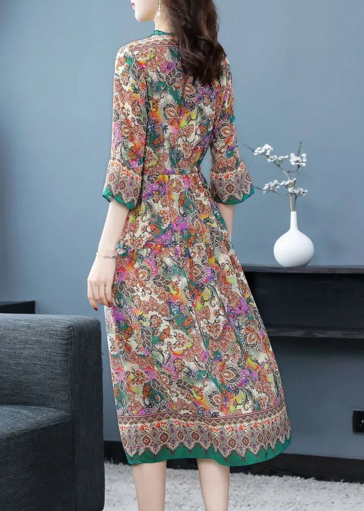 Khaki V Neck Ruffled Print Silk Robe Dresses Half Sleeve