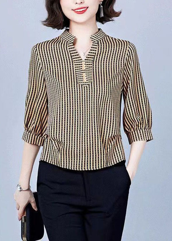 Khaki V Neck Striped Silk Shirts Bracelet Sleeve