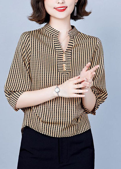 Khaki V Neck Striped Silk Shirts Bracelet Sleeve