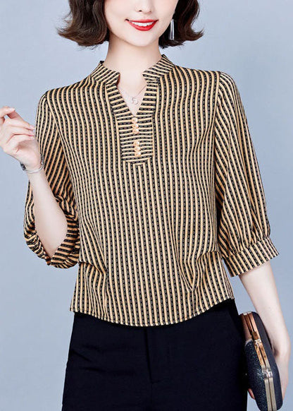 Khaki V Neck Striped Silk Shirts Bracelet Sleeve