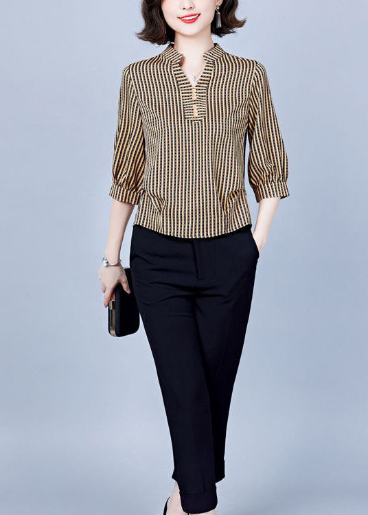 Khaki V Neck Striped Silk Shirts Bracelet Sleeve
