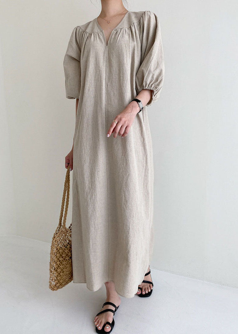 Khaki V Neck Retro Cotton Dress Half Sleeve