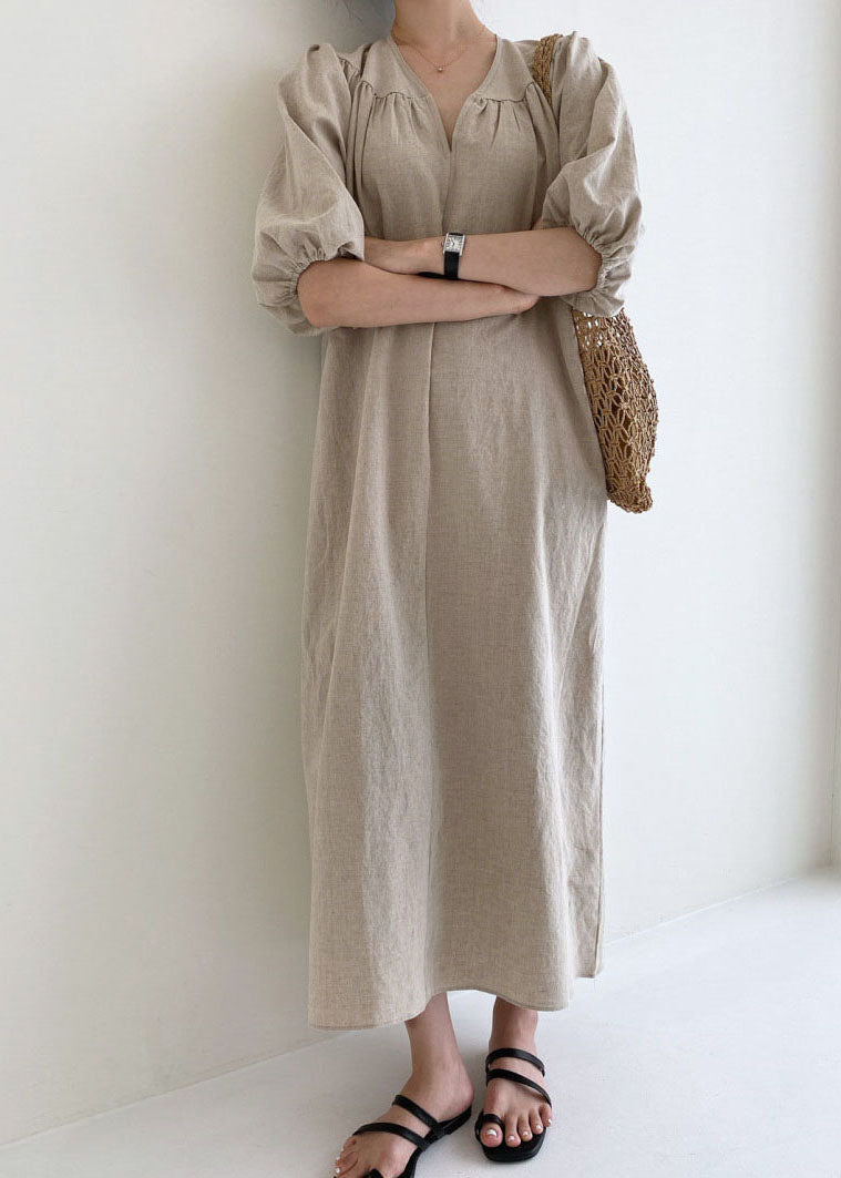 Khaki V Neck Retro Cotton Dress Half Sleeve