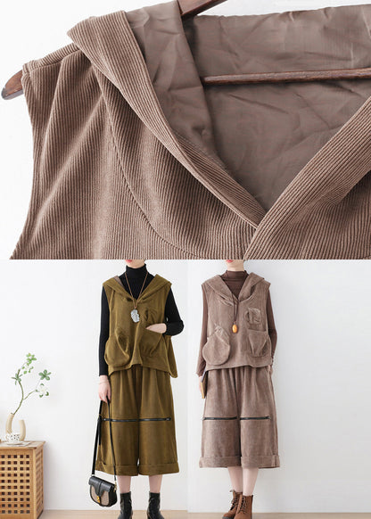 Khaki Velour Hooded Waistcoat and Crop Pants Two Pieces Set Fall