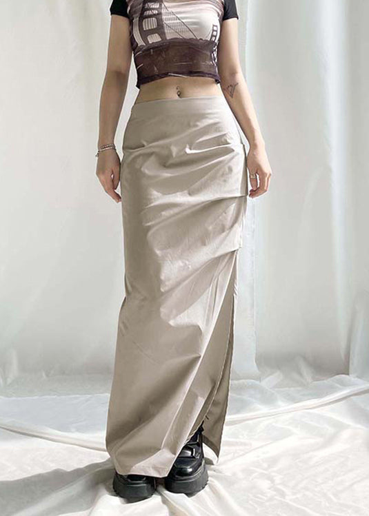 Khaki Wrinkled Side Open High Waist Patchwork Cotton Skirts Fall