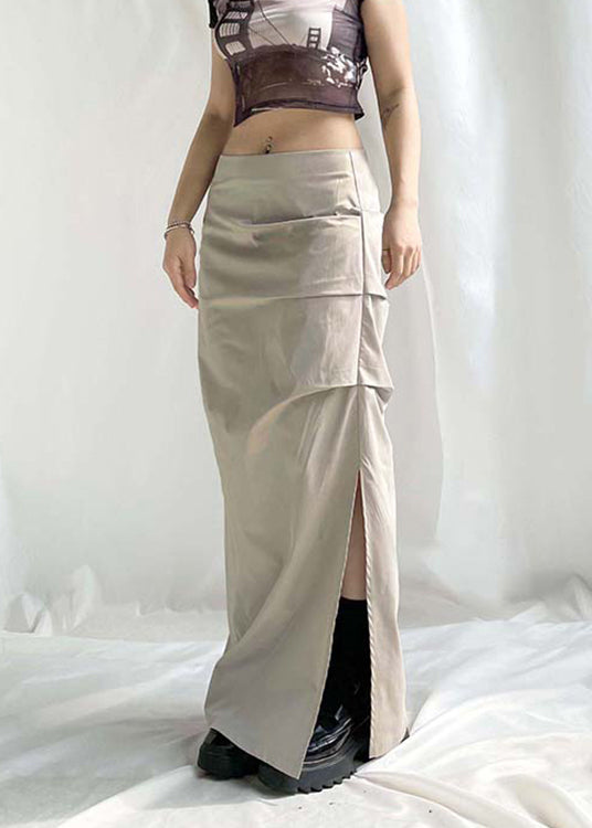 Khaki Wrinkled Side Open High Waist Patchwork Cotton Skirts Fall