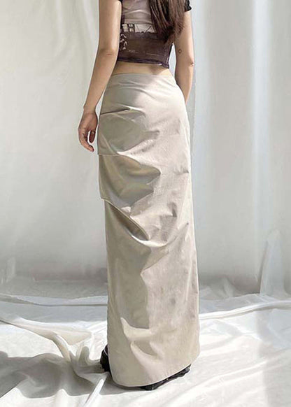 Khaki Wrinkled Side Open High Waist Patchwork Cotton Skirts Fall
