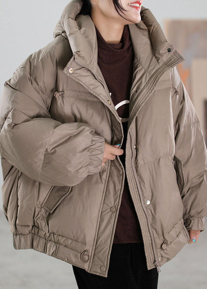 Khaki Zip Up Drawstring Duck Down Puffer Jacket Winter