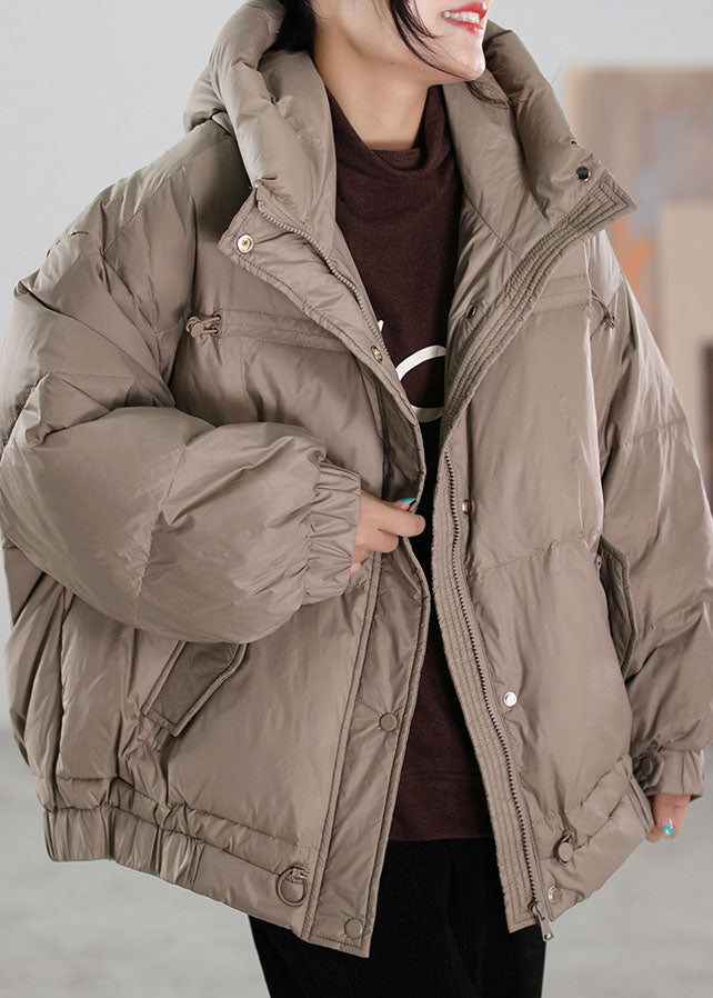 Khaki Zip Up Drawstring Duck Down Puffer Jacket Winter