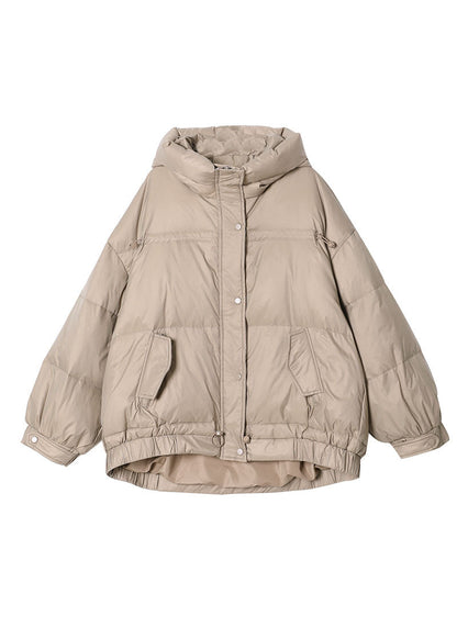 Khaki Zip Up Drawstring Duck Down Puffer Jacket Winter