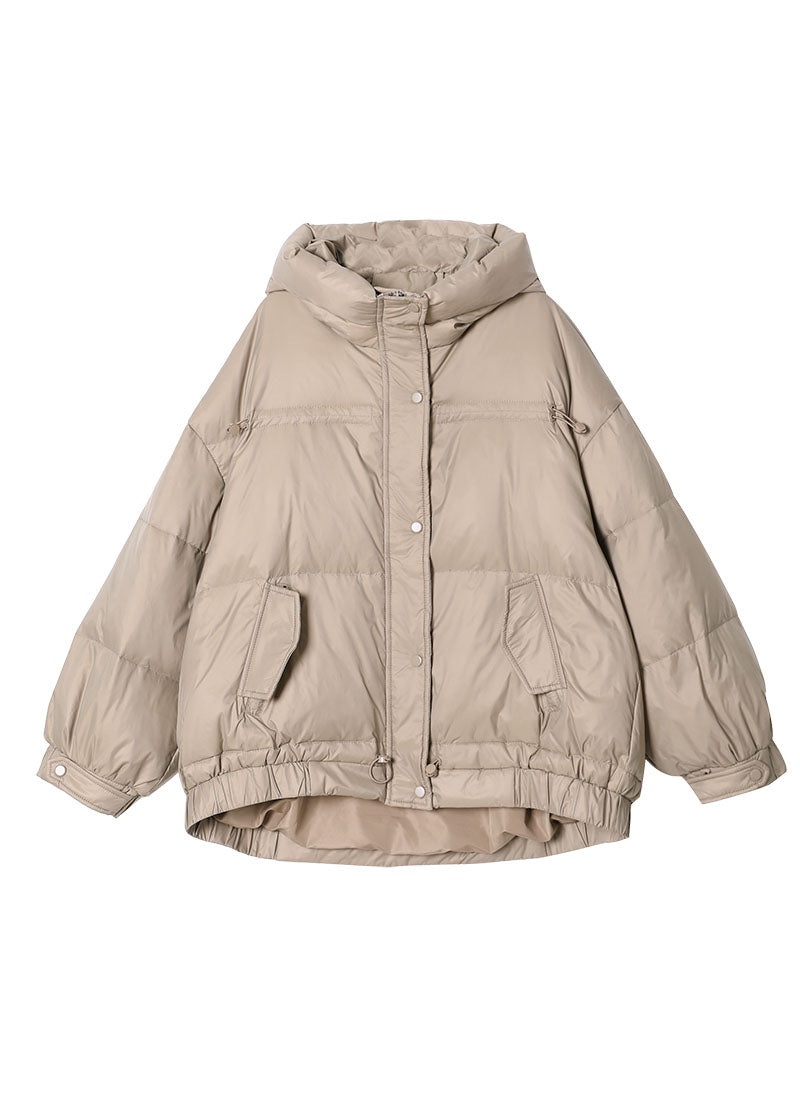 Khaki Zip Up Drawstring Duck Down Puffer Jacket Winter