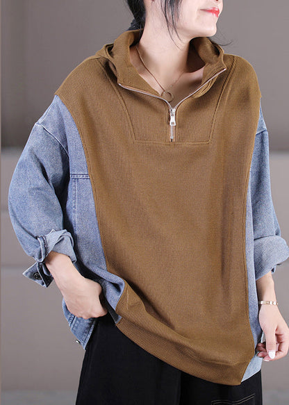 Women Khaki Zippered Patchwork Denim Hooded Top Long Sleeve