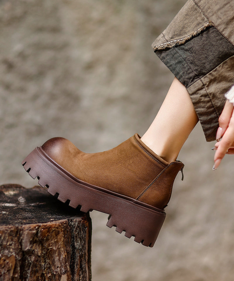 Khaki Zippered Splicing Platform Cowhide Leather Ankle Boots