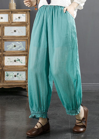 Lake Blue Ruffled Patchwork Ramie Harem Pants Summer