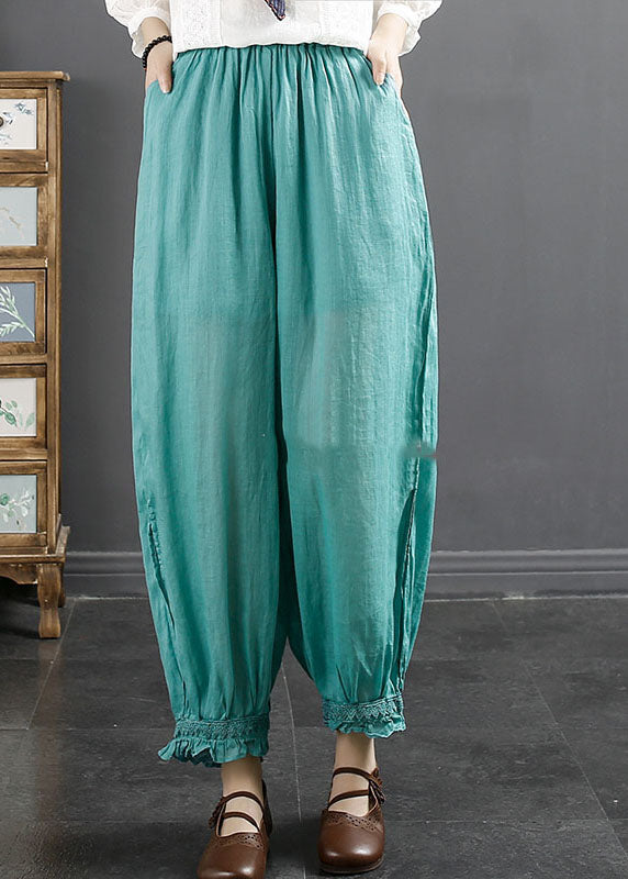 Lake Blue Ruffled Patchwork Ramie Harem Pants Summer
