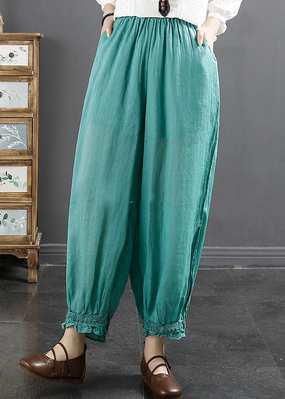 Lake Blue Ruffled Patchwork Ramie Harem Pants Summer