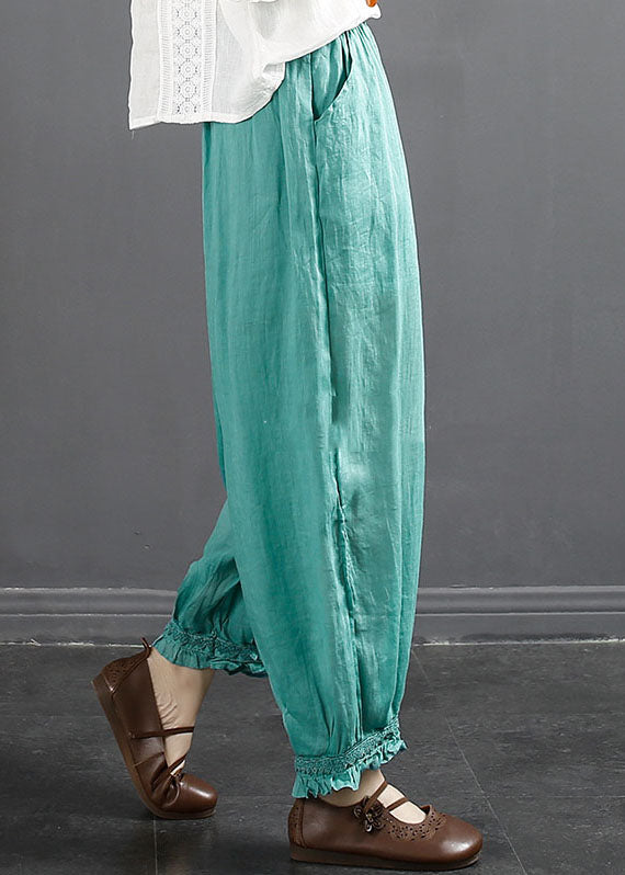 Lake Blue Ruffled Patchwork Ramie Harem Pants Summer