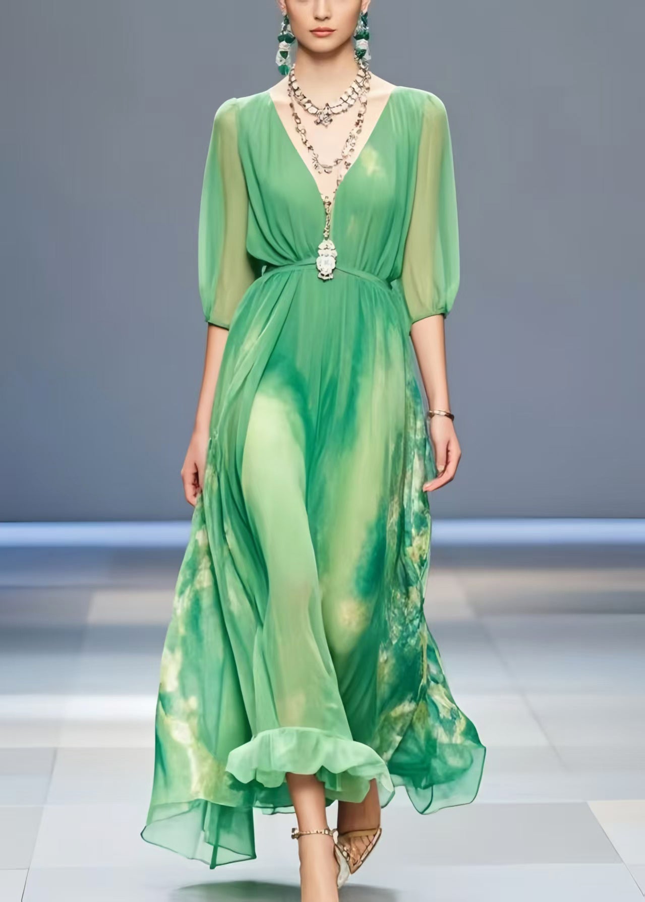 Lake Green Tie Dye Chiffon Long Dress Summer