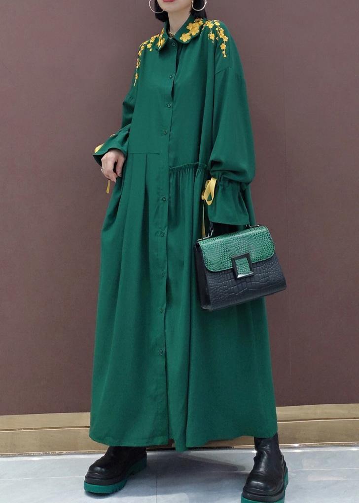 Lapel Cinched Spring Ideas Green Embroidery Long Dresses