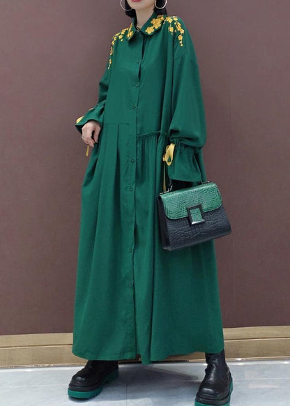 Lapel Cinched Spring Ideas Green Embroidery Long Dresses
