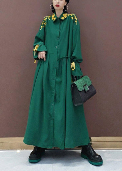 Lapel Cinched Spring Ideas Green Embroidery Long Dresses