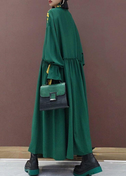 Lapel Cinched Spring Ideas Green Embroidery Long Dresses