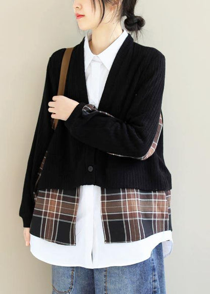 Lapel False Two Pieces Clothes Work Outfits Black Patchwork Top