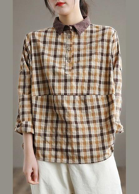 Women Lapel Patchwork Spring Shirts Fabrics Lighe Orange Plaid Blouses
