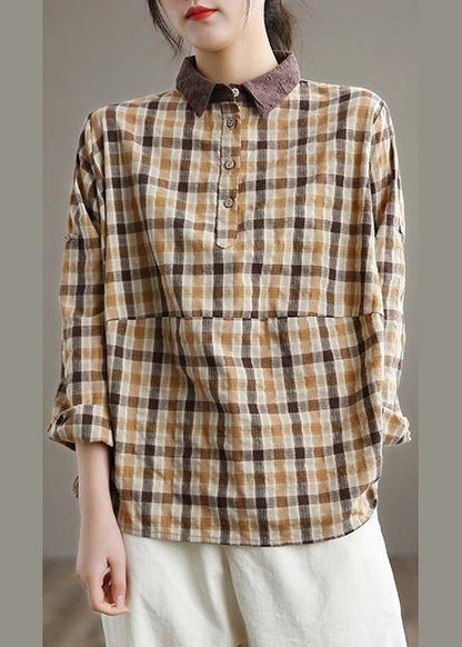 Women Lapel Patchwork Spring Shirts Fabrics Lighe Orange Plaid Blouses