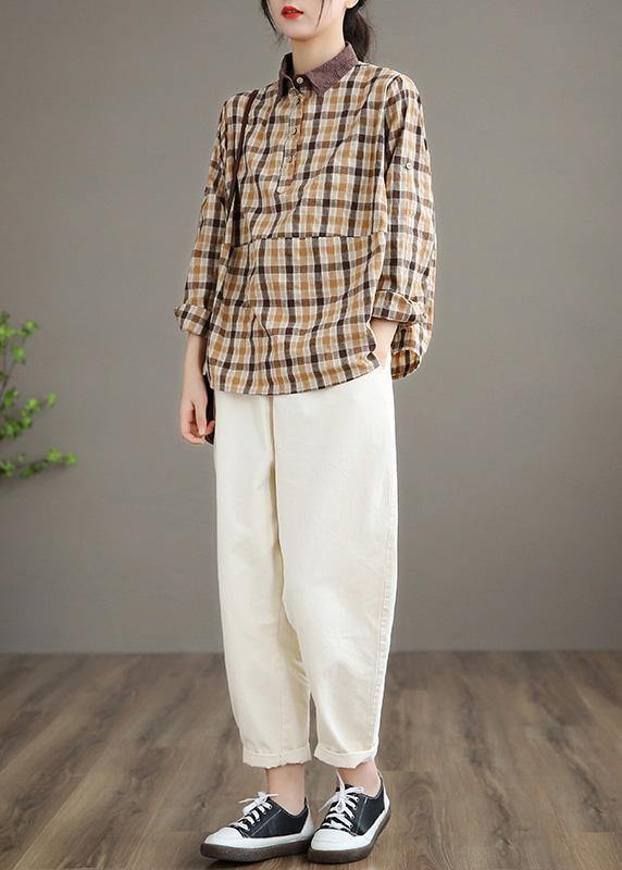 Women Lapel Patchwork Spring Shirts Fabrics Lighe Orange Plaid Blouses