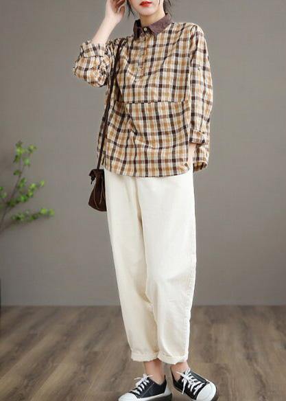 Women Lapel Patchwork Spring Shirts Fabrics Lighe Orange Plaid Blouses
