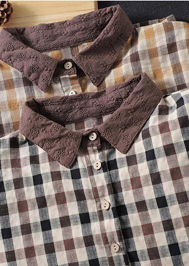 Women Lapel Patchwork Spring Shirts Fabrics Lighe Orange Plaid Blouses