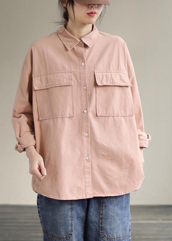 Women Lapel Pockets Spring Top Silhouette Wardrobes Pink Shirts