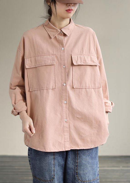 Women Lapel Pockets Spring Top Silhouette Wardrobes Pink Shirts