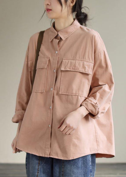 Women Lapel Pockets Spring Top Silhouette Wardrobes Pink Shirts